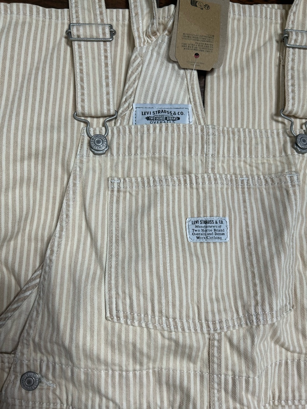 Levi’s Cream Yellow Pin Stripe Denim Straight Leg Jeans Overalls Women’s Small - Picture 3 of 6